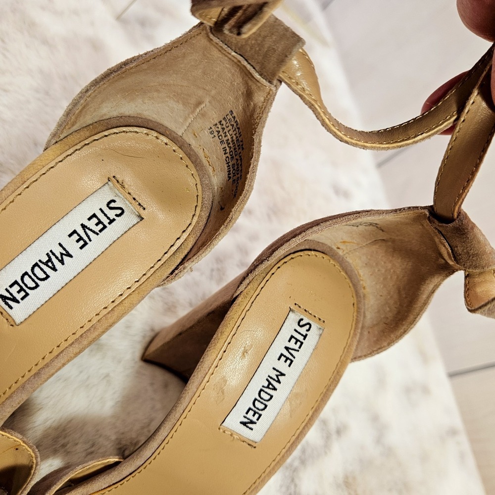 Steve Madden Suede Tan Heels 7M Sarall Open Toes Ankle Straps Office Core Date‎ - Picture 9 of 13